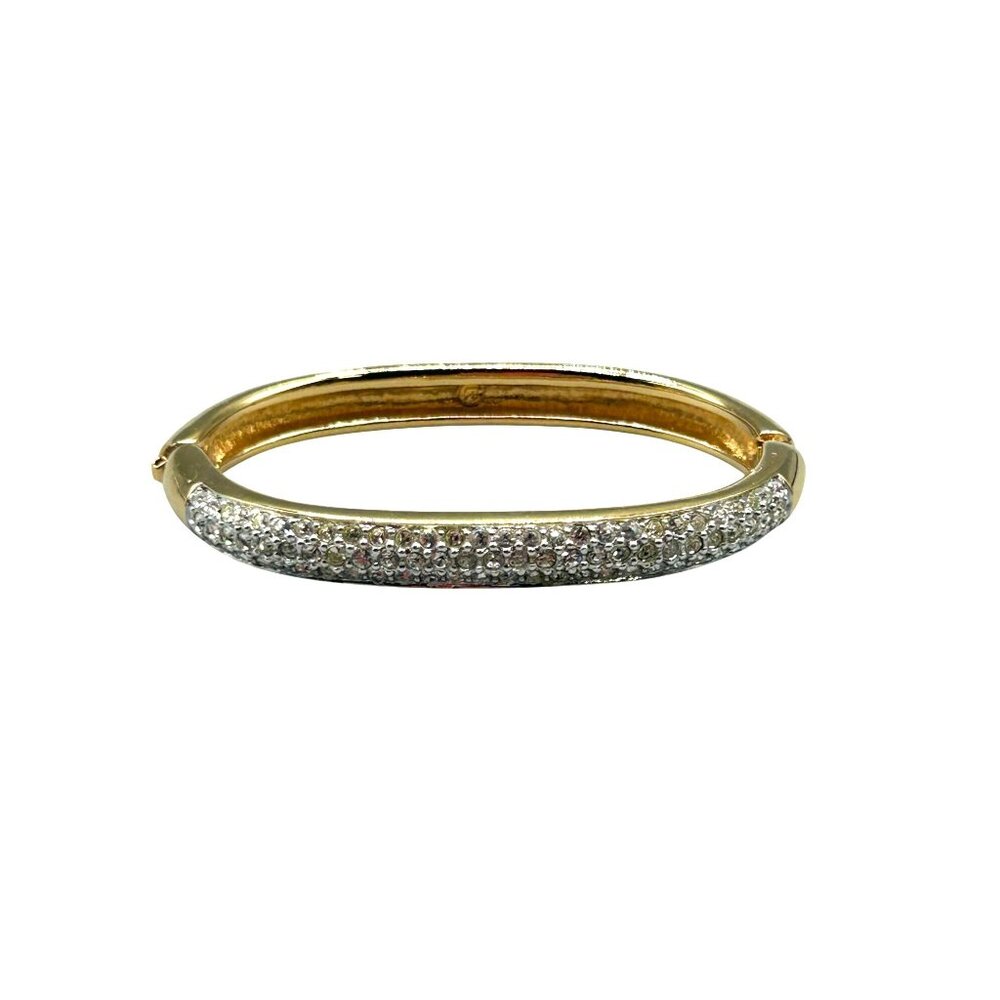 Vintage Swarovski Bangle Bracelet Hinged Rigid  Gold Tone Clear Crystals Pave